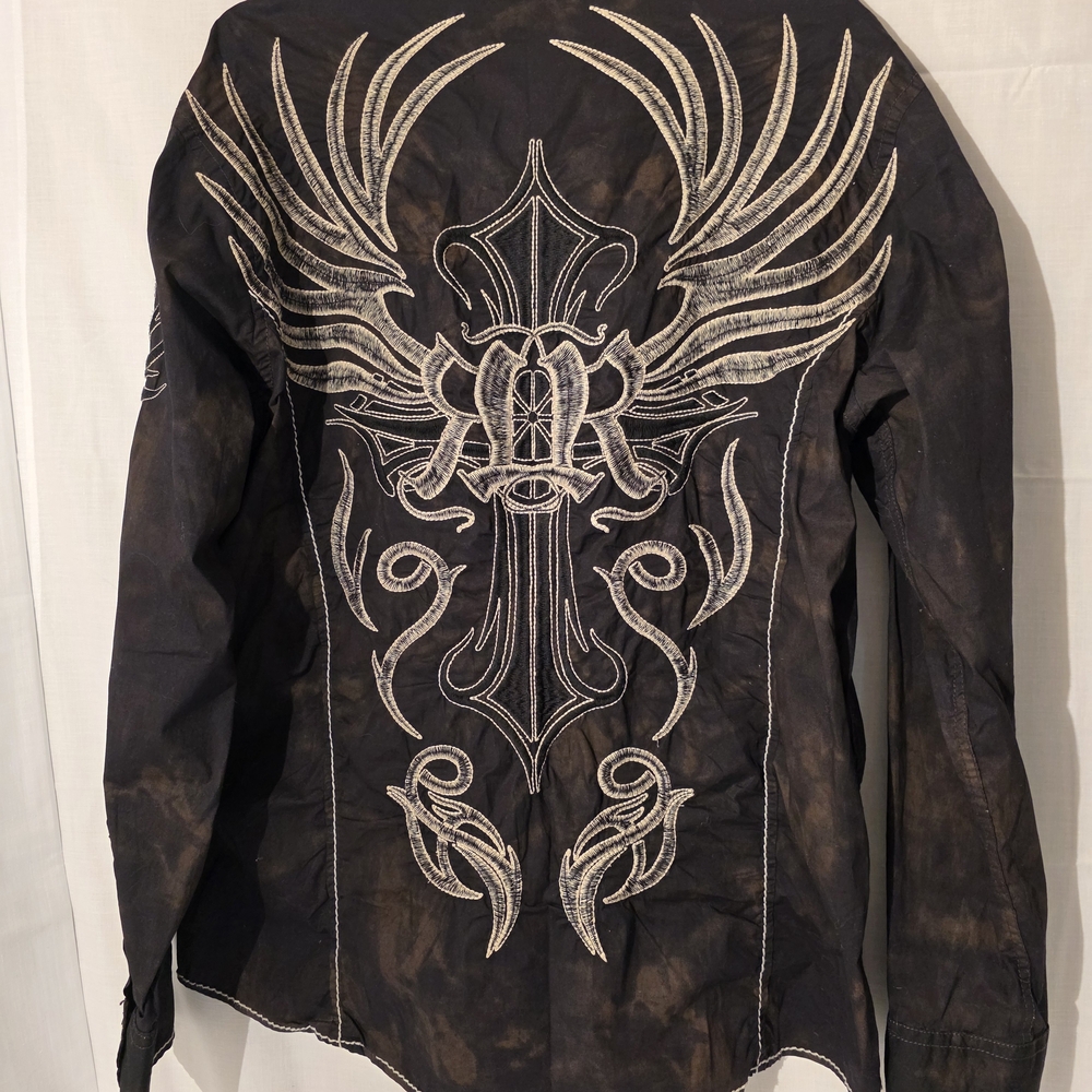 Roar Buckle Black and Tan Mineral Washed Embroidered Shirt, Y2K, Sz XL